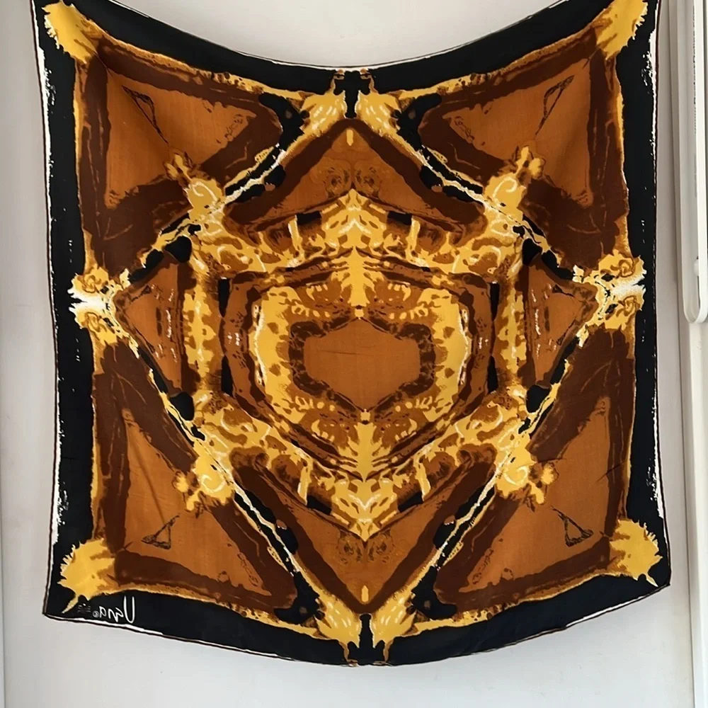 Vintage Vera Neumann Silk Blend Scarf Abstract Kaleidoscope Brown Gold Square